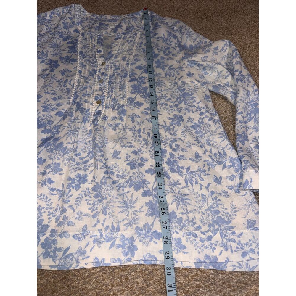 J. Jill Love Linen Floral Tunic Top Large Blue White 100% Linen Long Sleeve Boho - Picture 11 of 12